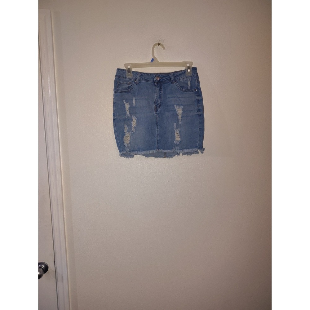 Wax Jean Los Angeles Distressed Denim‎ Mini Skirt Medium Wash Blue Size L